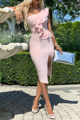 Solid Flounce One Shoulder Pencil Skirt Dresses(3 colors) Sai Feel