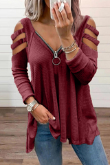 Solid Hollowed Out Zipper V Neck Tops Sai Feel