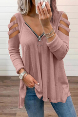 Solid Hollowed Out Zipper V Neck Tops Sai Feel