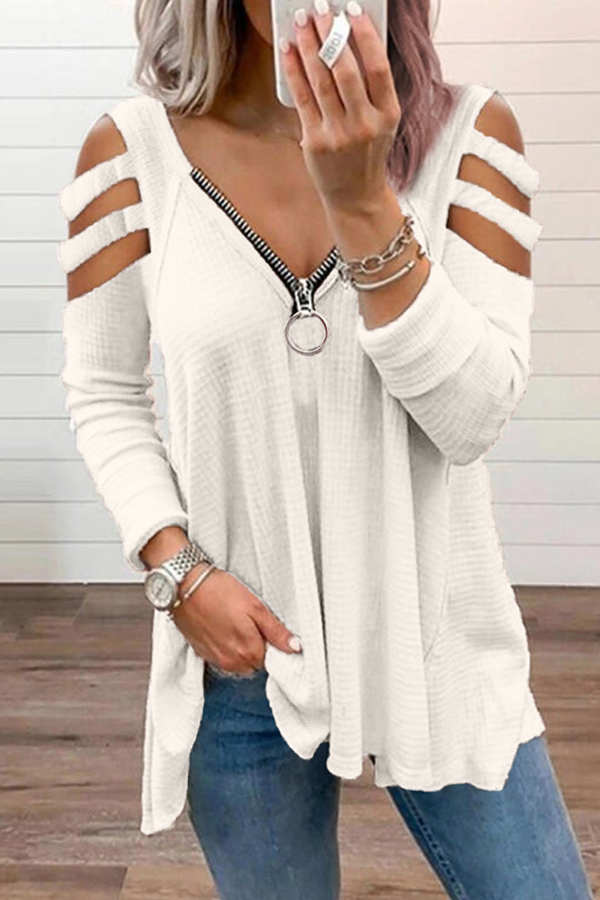 Solid Hollowed Out Zipper V Neck Tops Sai Feel