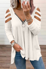 Solid Hollowed Out Zipper V Neck Tops Sai Feel