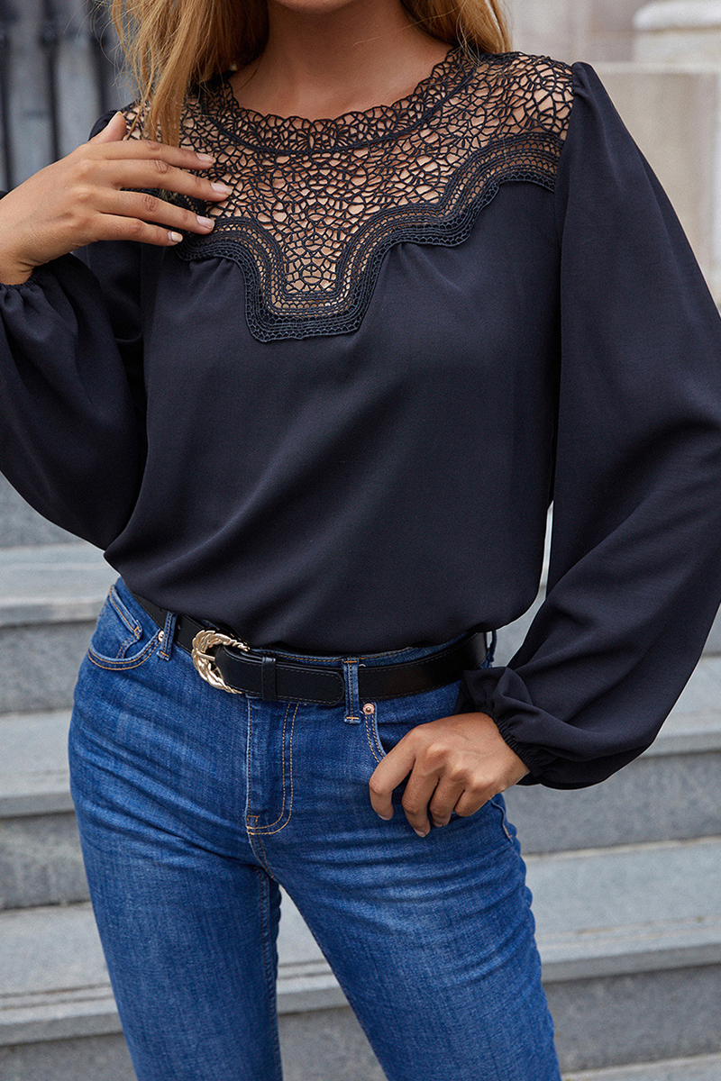 Solid Lace Hollowed Out Split Joint O Neck Tops Sai Feel