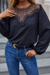 Solid Lace Hollowed Out Split Joint O Neck Tops Sai Feel