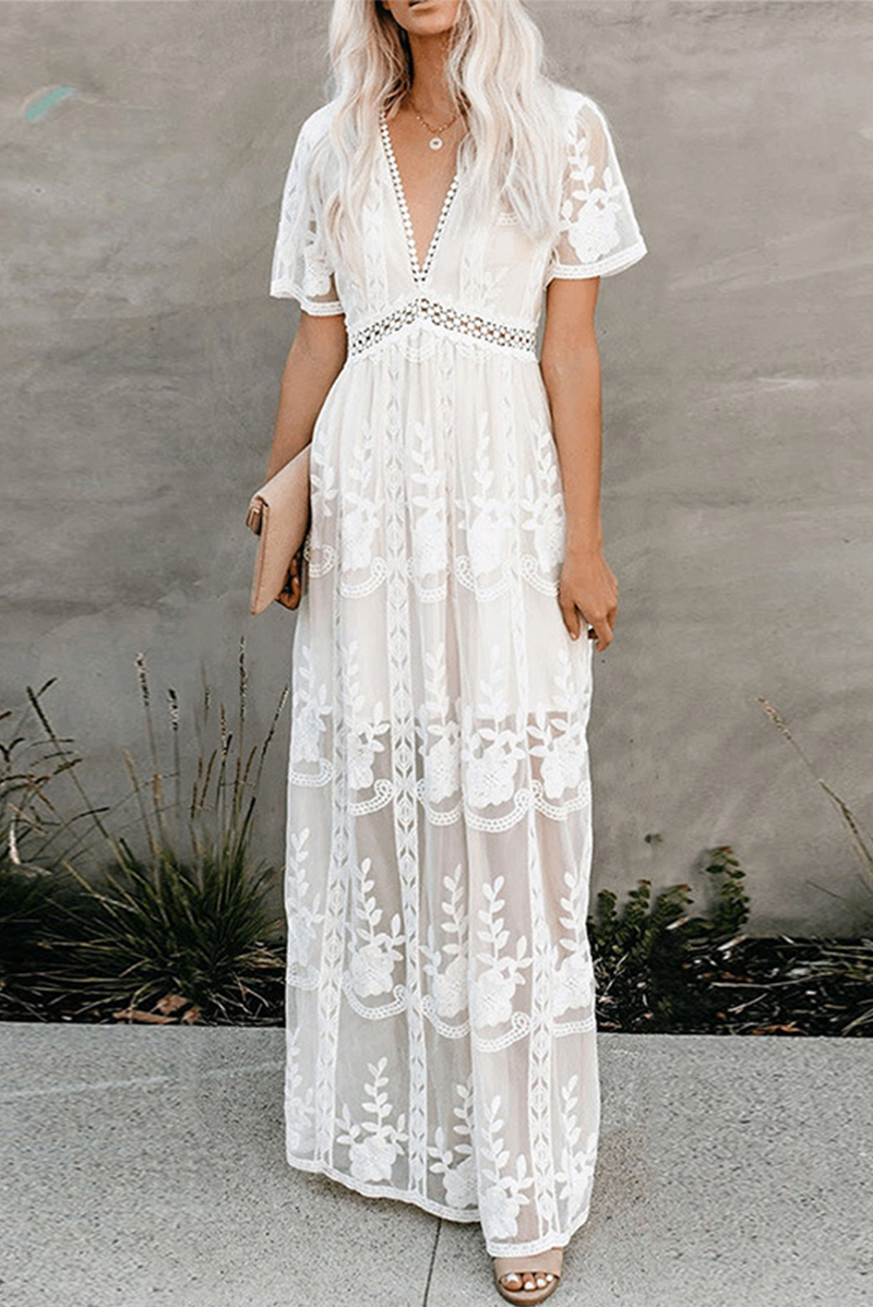 Solid Lace V Neck Lace Dresses Sai Feel