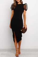 Solid Mesh O Neck Pencil Skirt Dresses Sai Feel