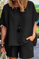 Solid Patchwork O Neck Short Sleeve Two Pieces Sai Feel