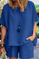 Solid Patchwork O Neck Short Sleeve Two Pieces Sai Feel