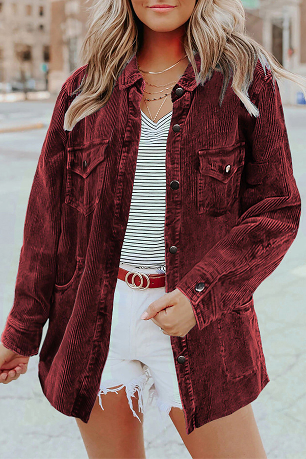 Solid Pocket Buckle Turndown Collar Outerwear Sai Feel