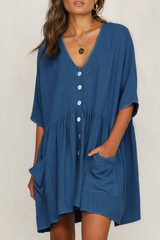 Solid Pocket Buckle V Neck A Line Dresses Sai Feel