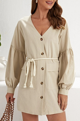 Solid Pocket Buckle V Neck A Line Dresses Sai Feel