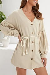 Solid Pocket Buckle V Neck A Line Dresses Sai Feel