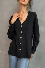 Solid Pocket Buckle V Neck Tops Sai Feel