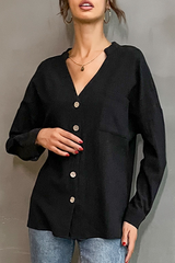 Solid Pocket Buckle V Neck Tops Sai Feel