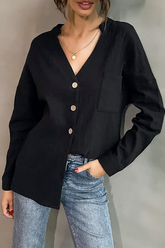 Solid Pocket Buckle V Neck Tops Sai Feel