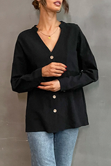 Solid Pocket Buckle V Neck Tops Sai Feel