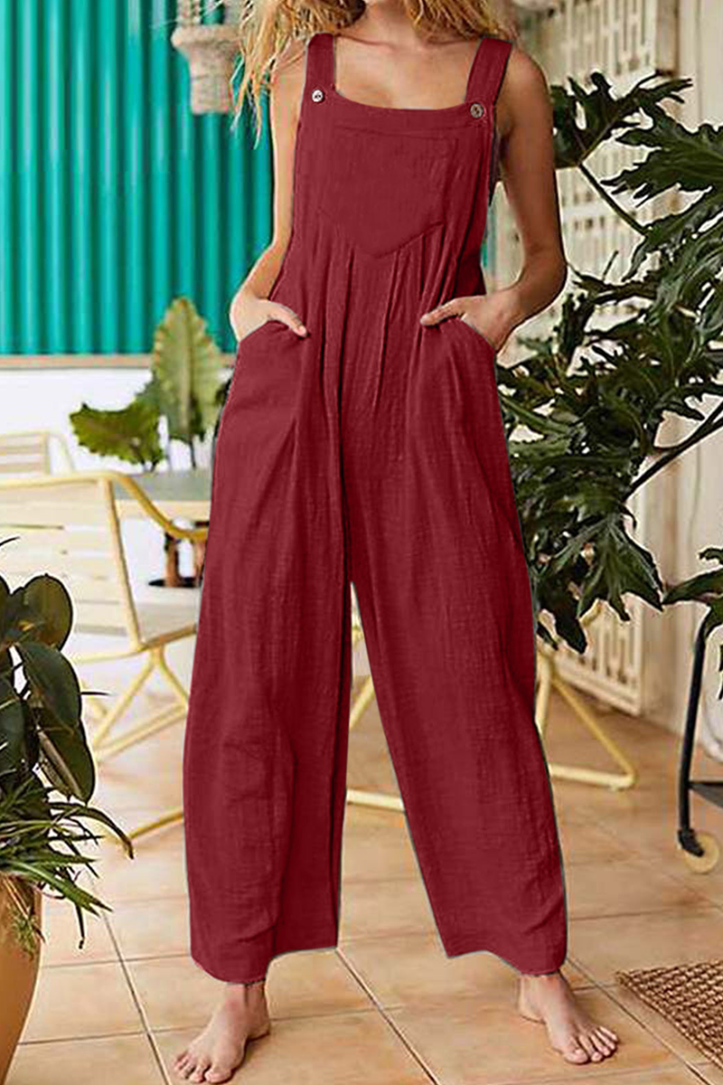 Solid Pocket Buttons Square Collar Jumpsuits Sai Feel