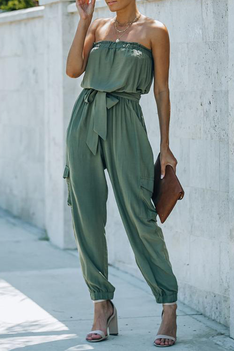 Solid Pocket Fold With Belt Off the Shoulder Jumpsuits Sai Feel