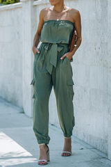 Solid Pocket Fold With Belt Off the Shoulder Jumpsuits Sai Feel