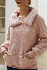 Solid Pocket Zipper Turndown Collar Tops Sai Feel