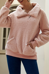 Solid Pocket Zipper Turndown Collar Tops Sai Feel