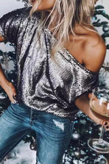 Solid Sequins One Shoulder T-Shirts Sai Feel