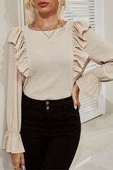 Solid Split Joint Flounce O Neck Tops Sai Feel