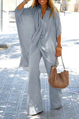 Solid Split Joint Fold Asymmetrical V Neck Half Sleeve Two Pieces Sai Feel