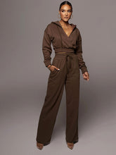 Solid V neck Zip Up Hoodie&Sweatpants Set Sai Feel