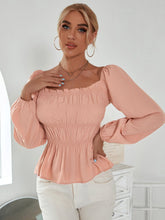 Square Neck Shirred Detail Ruffle Trim Top Sai Feel
