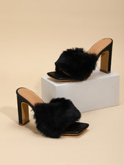 Square Toe Fashion Fur Shoes Open Toe Chunky Heels Sai Feel