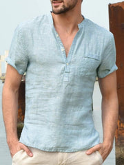 Stand Collar Buttoned Half Open Simple Short Sleeve Shirt Sai Feel