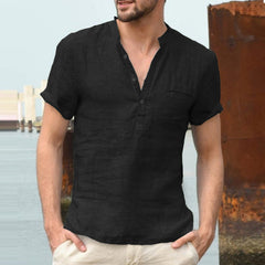 Stand Collar Buttoned Half Open Simple Short Sleeve Shirt Sai Feel