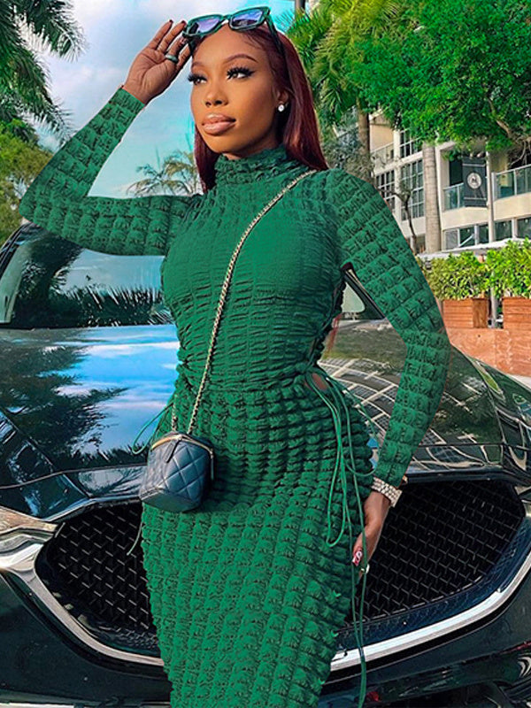 Statement Popcorn Side Cutout Tie Turtleneck Long Sleeve Dress Sai Feel