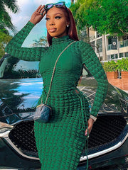 Statement Popcorn Side Cutout Tie Turtleneck Long Sleeve Dress Sai Feel