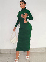 Statement Popcorn Side Cutout Tie Turtleneck Long Sleeve Dress Sai Feel