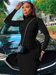 Statement Popcorn Side Cutout Tie Turtleneck Long Sleeve Dress Sai Feel