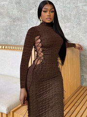 Statement Popcorn Side Cutout Tie Turtleneck Long Sleeve Dress Sai Feel