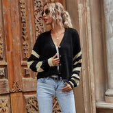 Stiped Knitted Cardigan Women Long Sleeve Loose Sweater Coat V-neck Pullover Knitted Jacket Sai Feel