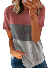 Stitching Contrast Color Round Neck Short Sleeve Casual Loose Sai Feel
