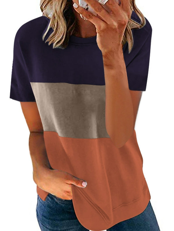 Stitching Contrast Color Round Neck Short Sleeve Casual Loose Sai Feel