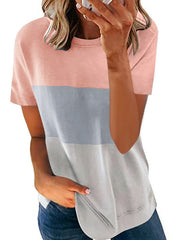 Stitching Contrast Color Round Neck Short Sleeve Casual Loose Sai Feel