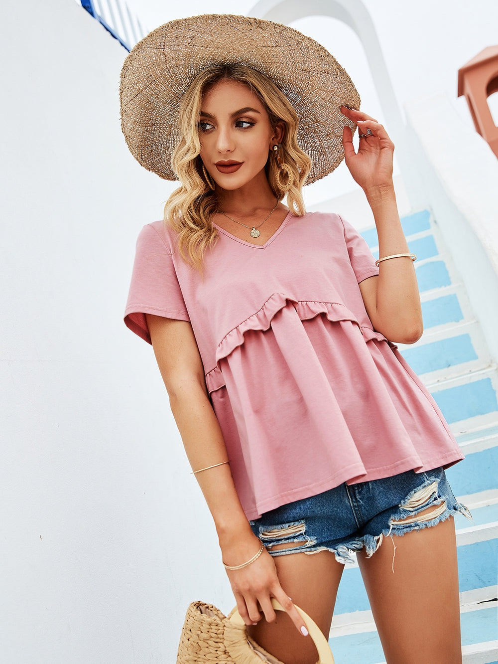 Stitching V-neck Knitted Pink Top Sai Feel