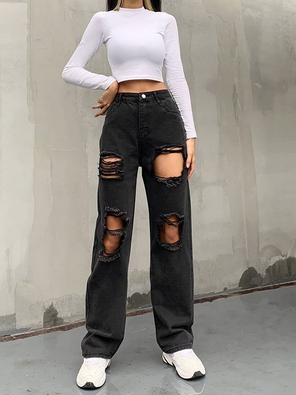 Straight Leg High Waist Washed Jeans Sai Feel
