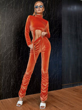 Strap Hem Mock Neck Crop Velvet Top & Stacked Pants Sai Feel