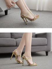 Strap On Trendy Snake Print Peep-toe Stiletto Sandals Sai Feel