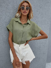 Striped Print Pocket Patched Roll Sleeve Blouse Sai Feel