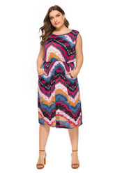 Summer new plus size women's round neck sleeveless flower printed big swing pocket dress long skirt large size Sai Feel