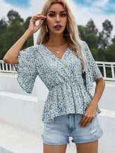Surplice Neck Dolman Sleeve Ditsy Floral Peplum Top Sai Feel