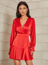 Surplice Neck Ruffle Hem Satin Dress Sai Feel