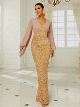 Temperament Wedding V-neck Long-sleeved Sequined Party Bag Hip Fishtail Evening Dress Sai Feel